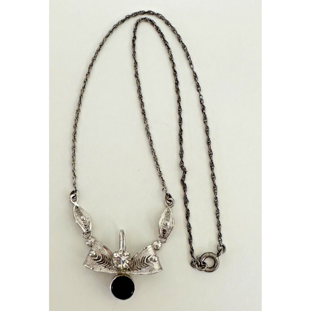 Vtg Espo Sterling Silver Necklace Filigree Bow Pendant Black Crystal Ornate